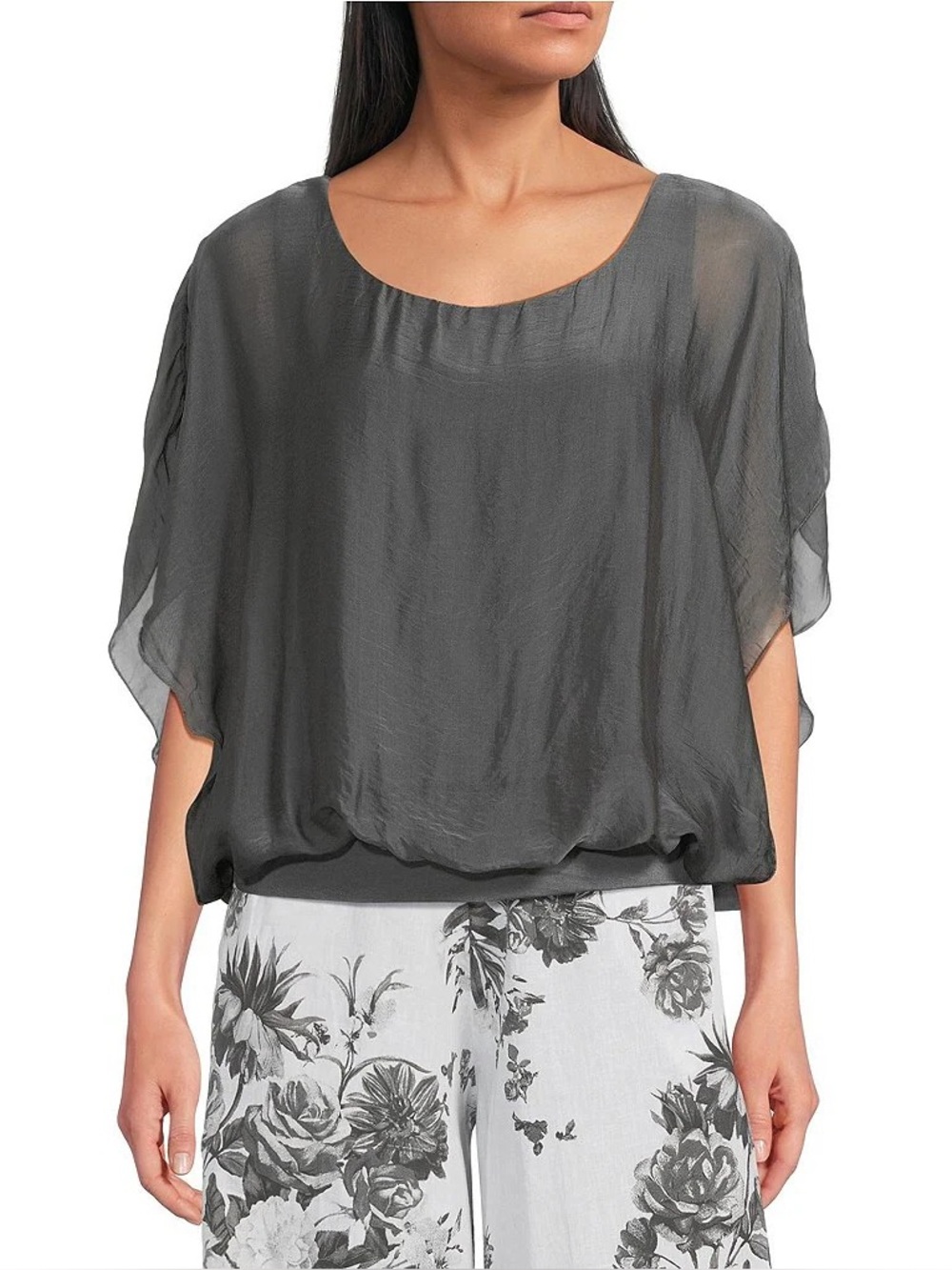 Made in Italy | Anthrocite Silky Scoop Neck 3/4 Sleeve Banded Hem Poncho Top OS